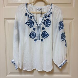 Chico's Ivory and Navy Embroidered Blouse
